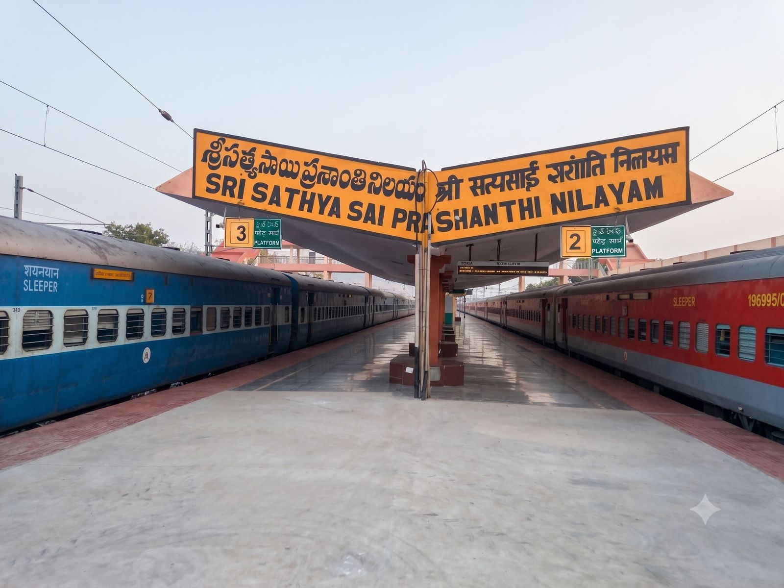 Trains waiting on both platforms beneath the Sri Sathya Sai Prashanthi Nilayam station board